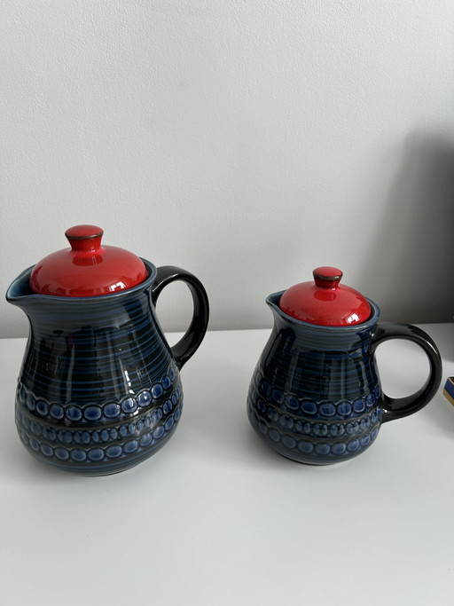 Par Jarras Cántaros Cerámica Ernestine Salerno Italia Onestini Azul Rojo Vintage Arte MCM