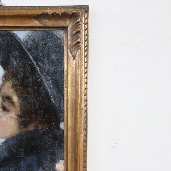 Image 1 of Ritratto di giovane donna con cappello, olio su tela, Italia, fine XIX secolo.