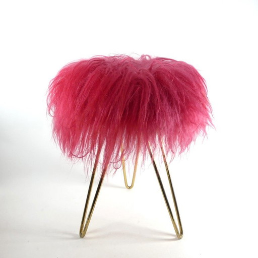 Mid-century loop stool, hairpin stool with pink shaggy fur – krukjes, Metal, Textile