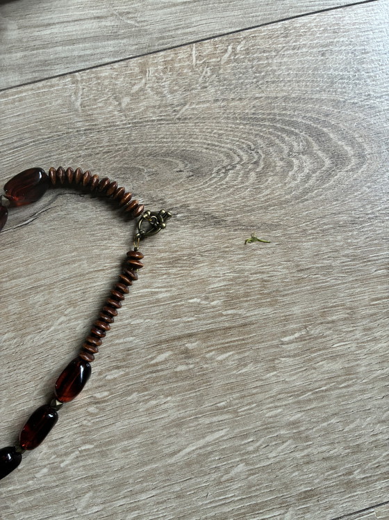 Image 1 of Collier neuf avec perles vintage marron et pompon, 59 cm