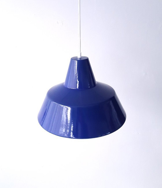 Image 1 of Louis Poulsen dark blue enamel pendant lamp, minimalist industrial Danish pendant lamp, mid-century modern dining table lamp