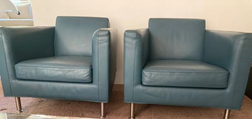 Poltrona Minotti Copenhagen, 2 pezzi – design italiano originale – pelle blu/grigia – fauteuils, Leather, Metal