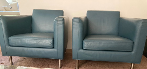 Minotti Copenhagen Sessel – italienisches Originaldesign – blau/graues Leder – Leather, Metal (photo 3 of 6)