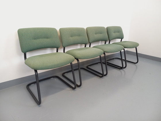 Image 1 of Suite of 4 Vintage Steelcase Style Marcel Breuer Cesca B32 Chairs in Dark Grey Metal and Green Fabric
