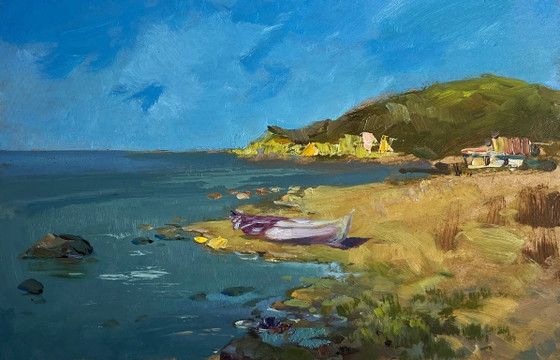 Image 1 of Origineel olieverfschilderij: Zomerkustlandschap, bewolkte dag op zee