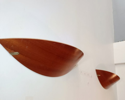 Large wood and brass wall lights by Declic France, 1980s