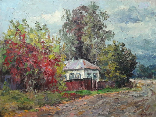 Origineel olieverfschilderij Plattelandslandschap Landhuis Herfst in het dorp Guta