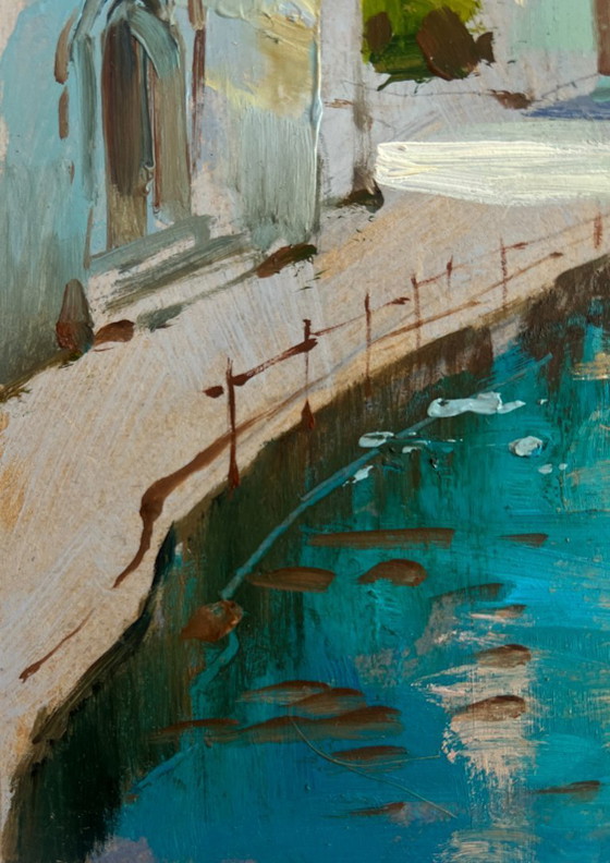 Image 1 of Original Oil Painting Summer City Landscape City on the water and white sails