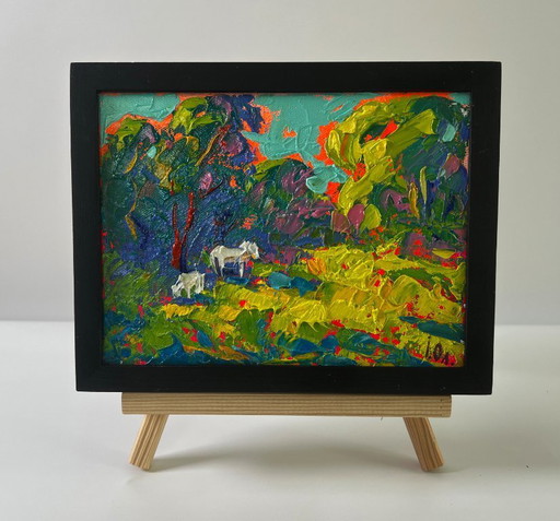 Original Oil Painting Summer Nature Landscape White Horses in the Forest – schilderijen tekeningen, Canvas