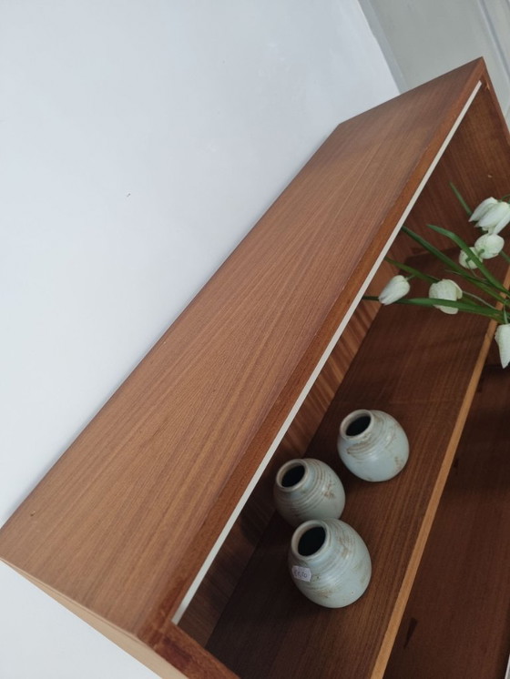 Image 1 of Set of two vintage cabinets with ribbed glass – warm wood & white (mid-century look)