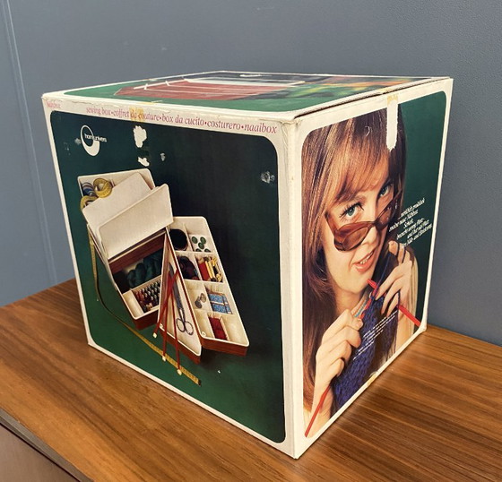 Image 1 of 1970s plastic sewing box with flowerprint in original box