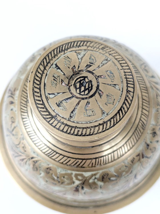 Image 1 of Vintage Solid Etched Brass Indian Elephant Claw Bell, Handcrafted Decorative Floral Table Bell