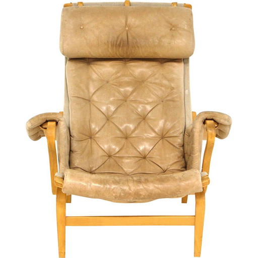 Poltrona vintage "Pernilla" in pelle cognac e legno di quercia di Bruno Mathsson per Karl Mathsson, Svezia anni '6