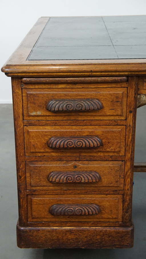 Large Antique Desk/Partner Desk in English Style with Black Leather Top