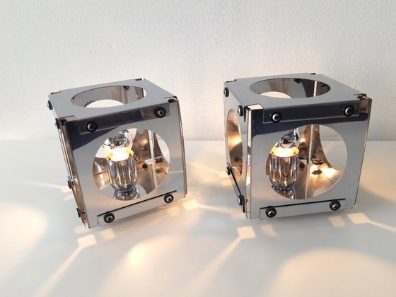 Image 1 of Set of 2 chrome 70s cube table lamps by Goffredo Reggiani, set of space age table lamps