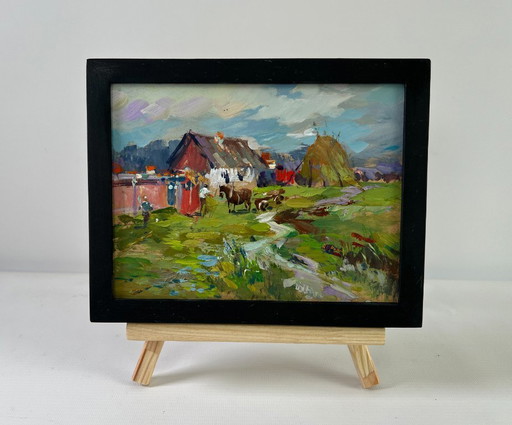 Original Oil Painting Summer Village Landscape Horses by the hay