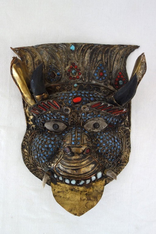 Maschera rituale vintage in ottone sbalzato Nepal/Tibet