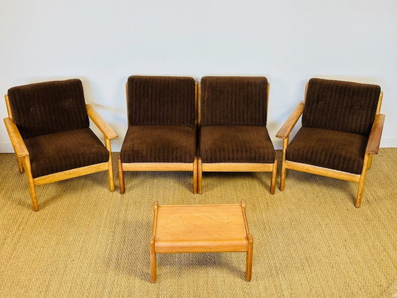 Image 1 of Ensemble de Salon modulable Vintage en Chêne et Velours Côtelé, 1960s, Set de 5