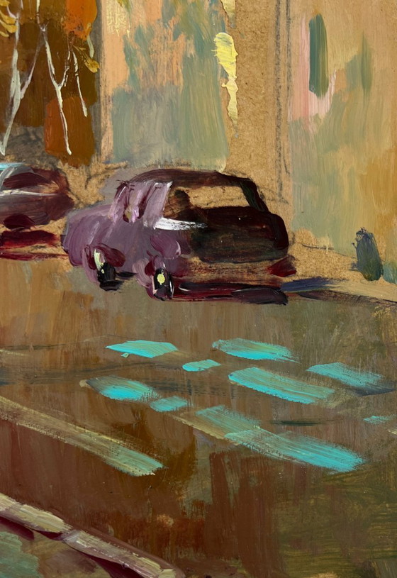 Image 1 of Original Oil Painting Autumn City Landscape Street in motion