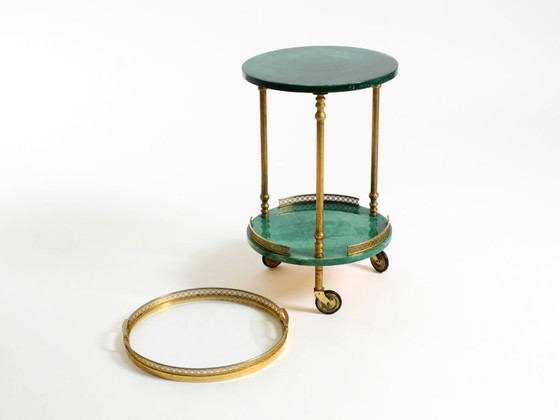 Image 1 of Round, small 1960s Aldo Tura serving or bar trolley in green goatskin leather | Made in Italy