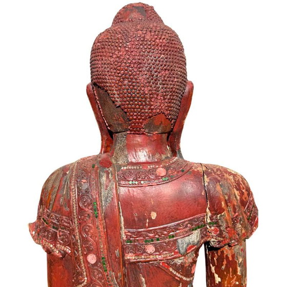 Antique Wooden Buddha Statue from Burma - Large Mandalay Buddha with Mirror Inlay – Sculpture (photo 11 of 18)