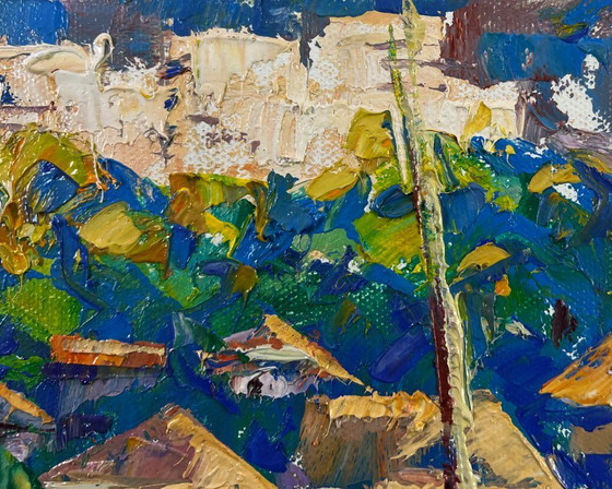 Image 1 of Original Oil Painting Summer City Landscape Sunlight gently pours through houses