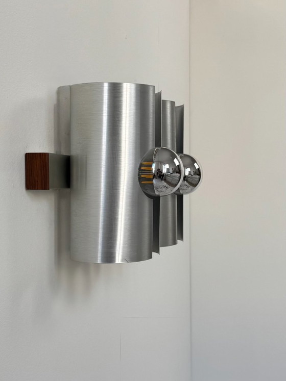 Image 1 of Applique vintage double métal brossé et palissandre, France, 1970