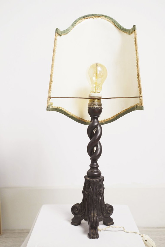 Image 1 of Vintage Carved Wood Barley Twist Lamp with Hand Embroidered Floral Shade and Acanthus Leaf Tripod Feet