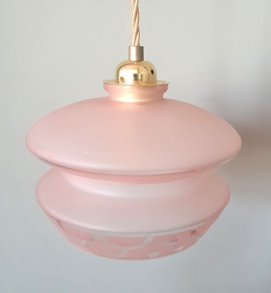 Image 1 of Vintage hanglamp - rose opaline glas met frosted textuur en decoratie 
