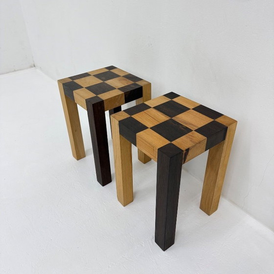 Image 1 of Set of 2 vintage wooden side tables, brown and light wood