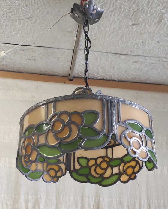 Image 1 of Hanglamp van glas en lood in Tiffany-stijl - midden 20e eeuw