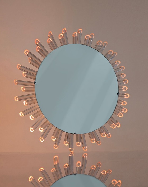 Image 1 of Mid-Century Modern Sunburst Mirror Wall Lamp in Lucite with Pink Glow, 1970s