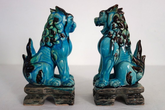 Image 1 of Pair of Japanese Komainu dogs in green and turquoise glaze ceramic, vintage