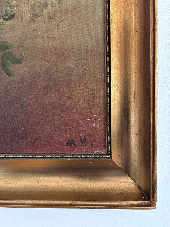 Image 1 of Vintage original floral oil painting with blue and white vase