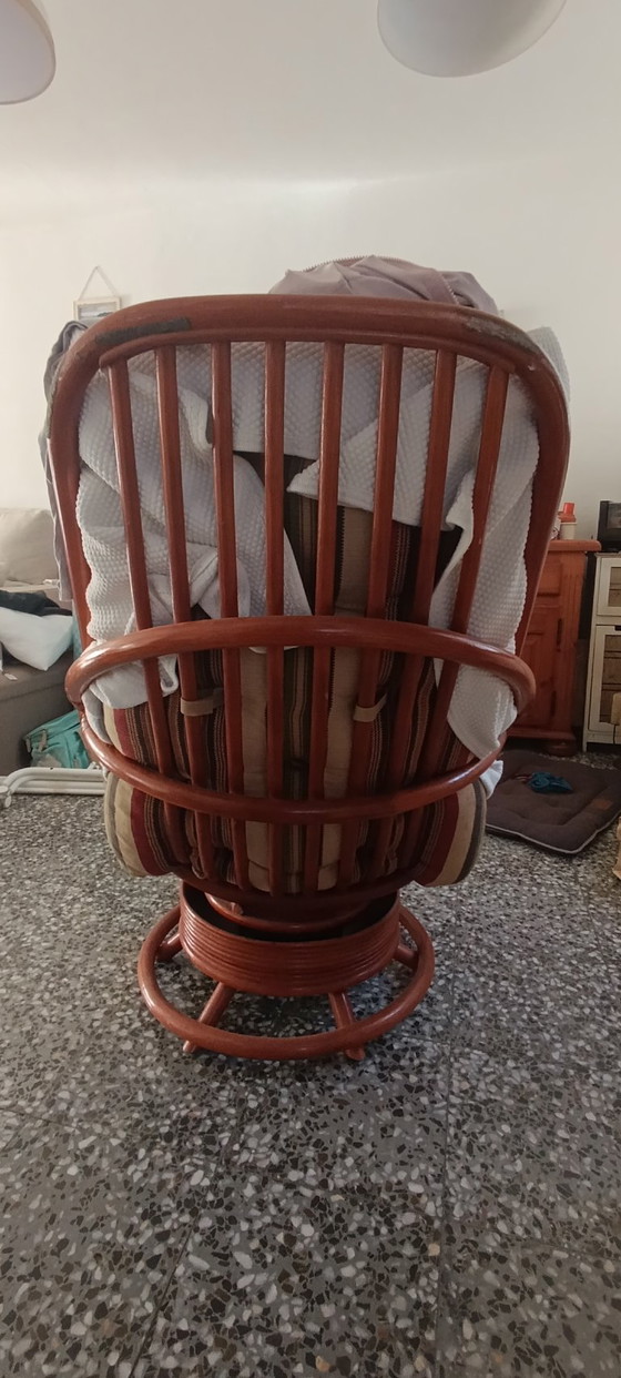 Rattan swivel chair with striped cushions, Textile, Brown, Vintage (photo 5 of 5)