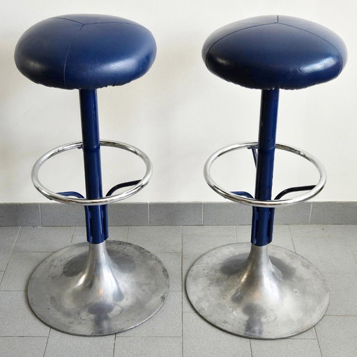 PAIRE DE TABOURETS DE BAR VINTAGE 1970 SIMILI-CUIR BLEU & ALUMINIUM DLG KNOLL