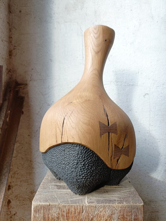 Image 1 of Large vase/sculpture in solid carved and textured oak