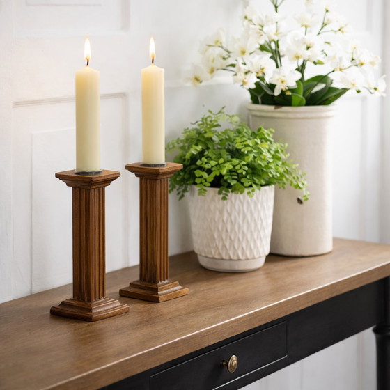 Image 1 of Pair of Dutch Solid Oak Candlesticks by Oisterwijk – Mid-Century Vintage