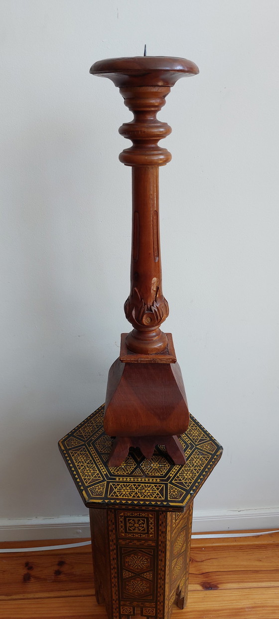 Image 1 of Large Candlestick - Wood - Hand Carved Asia - - 1950-1960