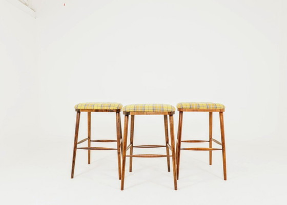 Image 1 of Mid century modern bar stools yellow tartan plaid wool rustic wood set of 3