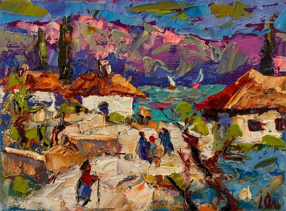 Image 1 of Original Oil Painting Rural Life Landscape Edge of the Village