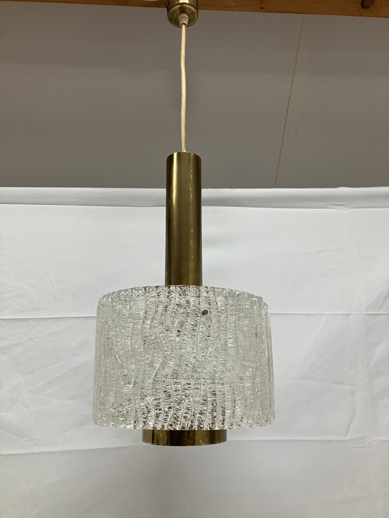 Image 1 of Vintage pendant lamp brass and thick ice glass J.T. Kalmar 1950/60