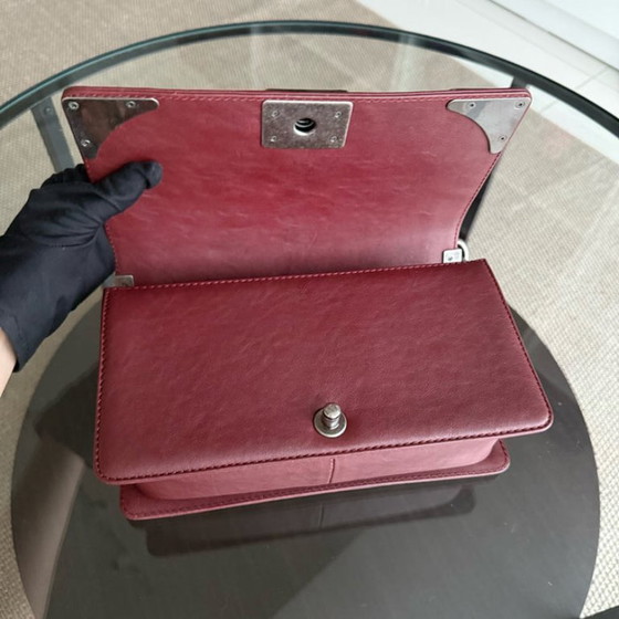 Image 1 of Chanel Boy Medium - 25CM Quilted Limited Edition Paris-Dallas Metal Edge Grained Calfskin Burgundy Silver Hardware Series 19