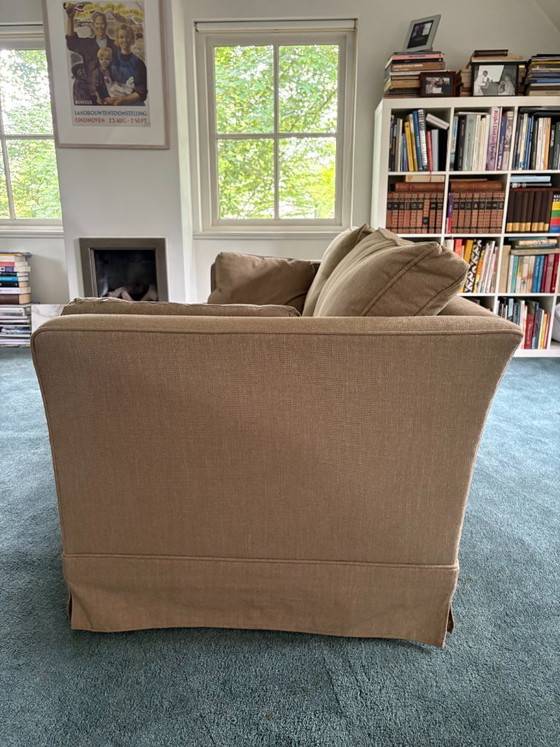 Image 1 of 2 banken merk Hustinx met sportieve linnen stof in beige/groene 