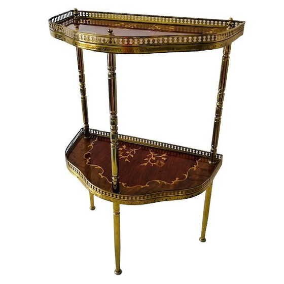 Image 1 of Console italienne mid Century demi-lune en bois marqueté laiton