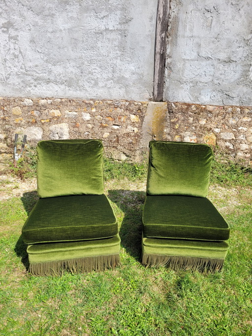 2x Vintage groene fluwelen stoelen