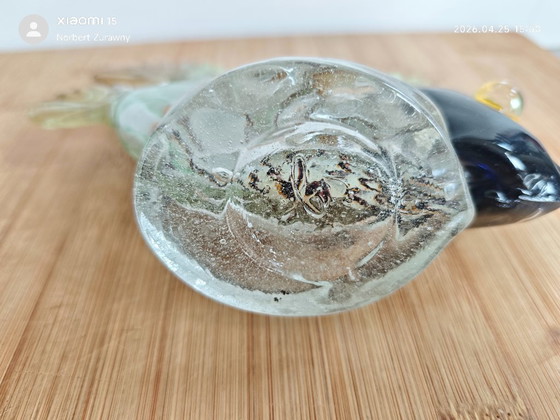 Image 1 of Figurine de poisson vintage en verre soufflé à la bouche — Style Murano — Vert/Ambre avec des nageoires ridées remarquables