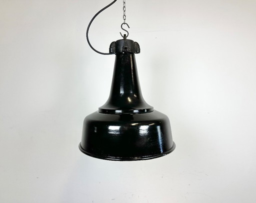 Industrial Black Pendant Factory Lamp with Cast Iron Top, 1970s