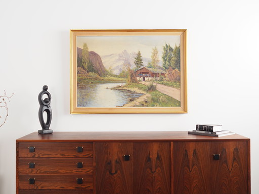 Peinture "Le chalet au bord d'un ruisseau", design scandinave, années 1970