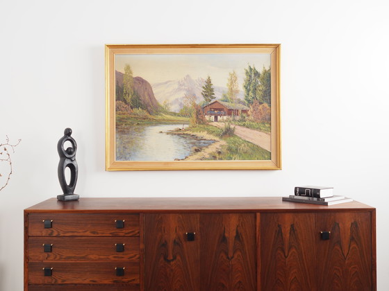 Image 1 of Peinture "Le chalet au bord d'un ruisseau", design scandinave, années 1970